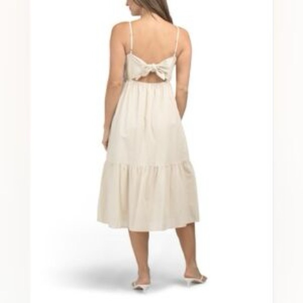 Cotton Linen Blend Midi Tiered Spaghetti Strap Dress Ivory